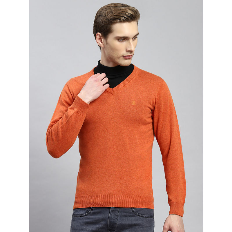 Monte Carlo Mens Solid Orange V-Neck Full Sleeves Sweater (3XL)