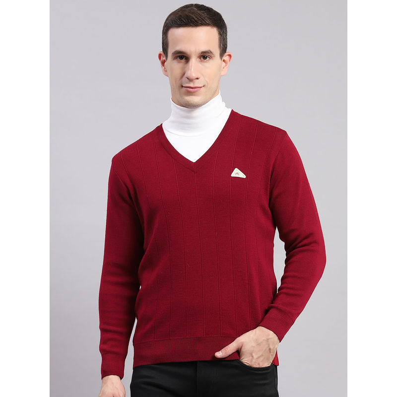 Monte Carlo Mens Solid Maroon V-Neck Full Sleeves Sweater (3XL)