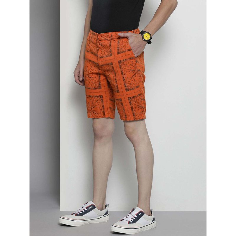 The Indian Garage Co Orange Printed Mid Waist Shorts (30)