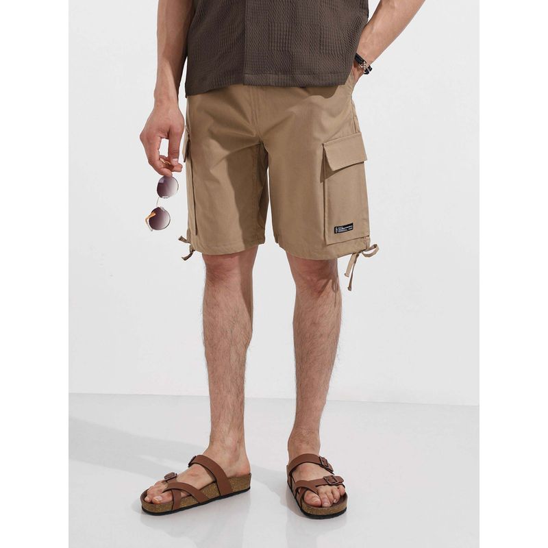 The Indian Garage Co Khaki Textured Mid Waist Shorts (30)