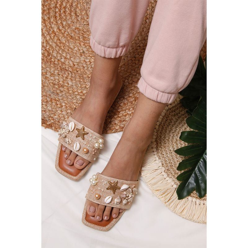 Toprico Sea Shells Embellished Jute Tan Flats (EURO 37)