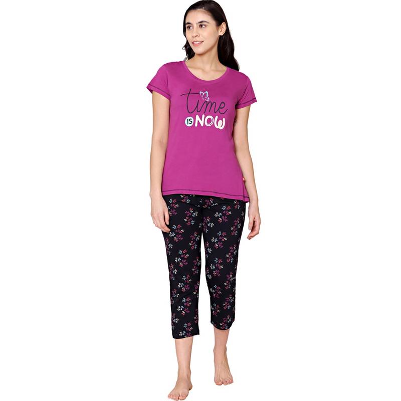 Bodycare Womens Combed Cotton Printed T-Shirt & Capri -BSCS16010 Purple (Set of 2) (M)