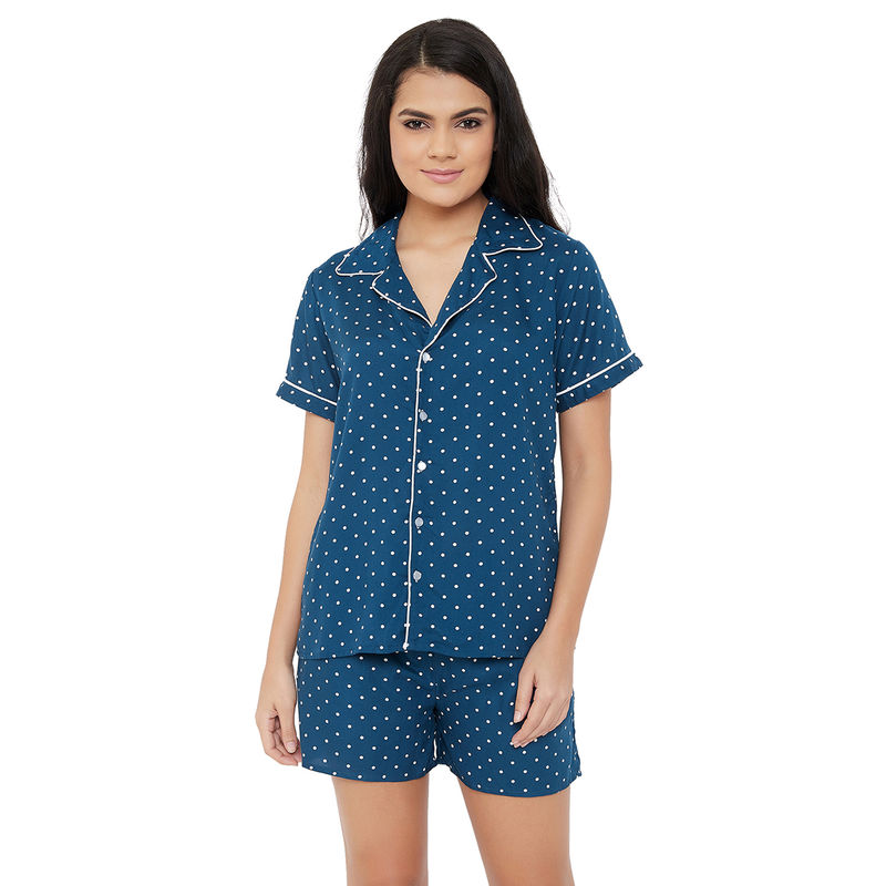 Clovia Polka Print Button Down Shirt & Shorts Set In Navy Blue 100