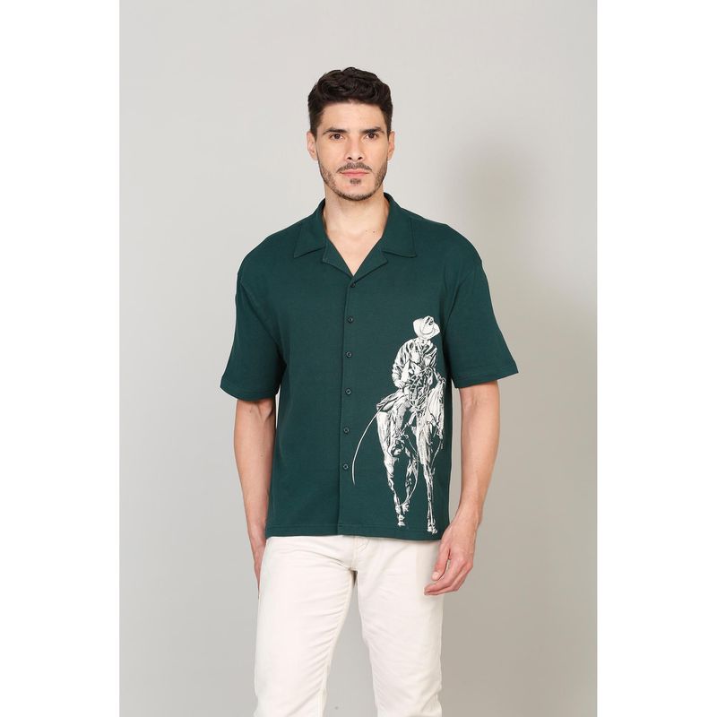 Selfusion Cowboys Riding A Horse Near A Tree print Men's Cuban Collar Short Sleeve Shirt (M)