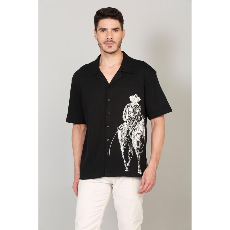 Selfusion Cowboys Riding A Horse Near A Tree print Men's Cuban Collar Short Sleeve Shirt (L)