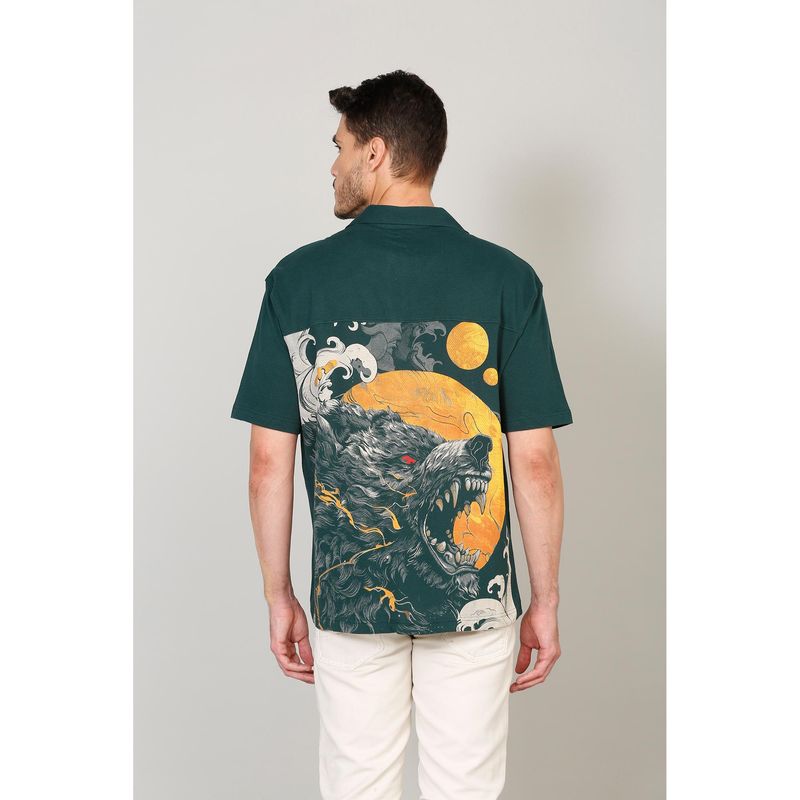 Selfusion Men's Emerald Green Tiger and Wolf Graphic Printed Cuban Collar Shirt (L)
