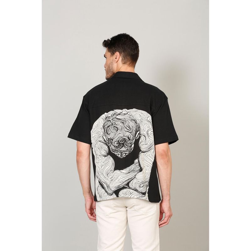 Selfusion Men's Black Cuban Collar Artistic Back Graphic Print Shirt (L)