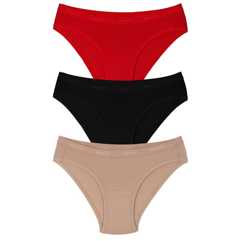 Amante Three Piece Bikini Panty Pack - Red Nude Black (S)