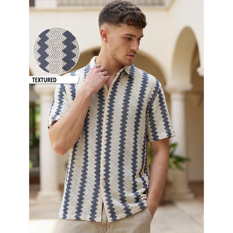 Bewakoof Men's Off White & Blue Textured Oversized Shirt (S)