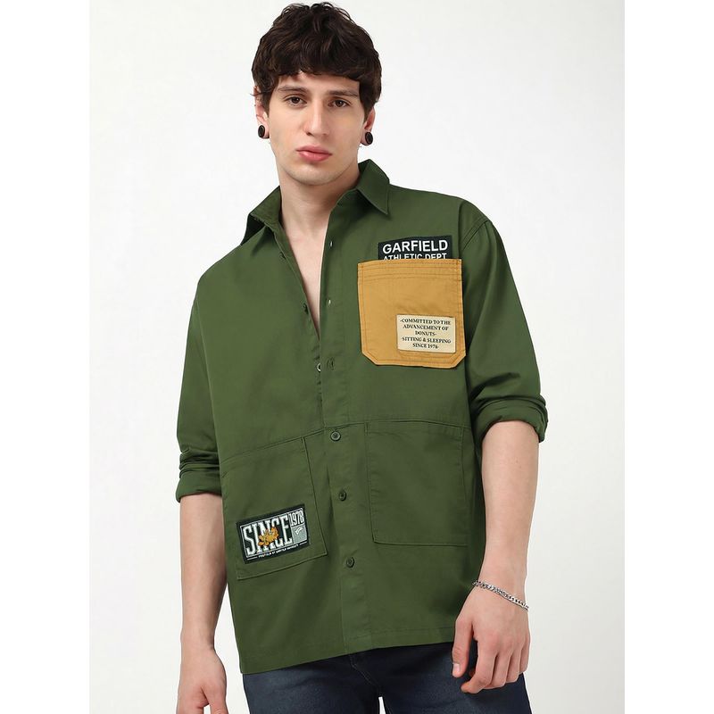Bewakoof Men's Moss Green Batch Printed Oversized Shirt (XL)