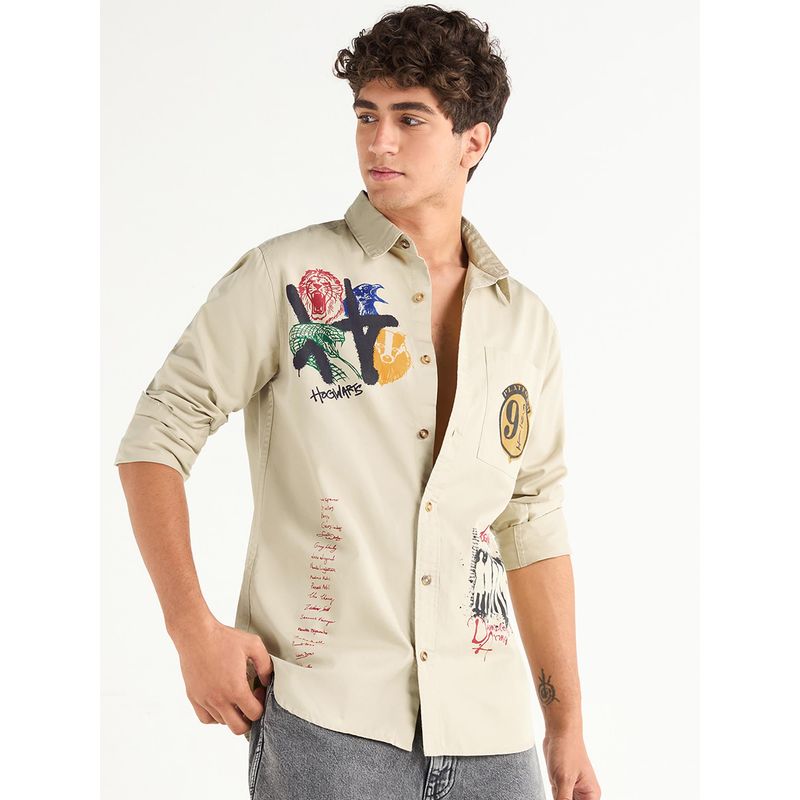 Bewakoof Official Harry Potter Men's Pale Beige Hogwarts Graphic Printed Shirt (M)