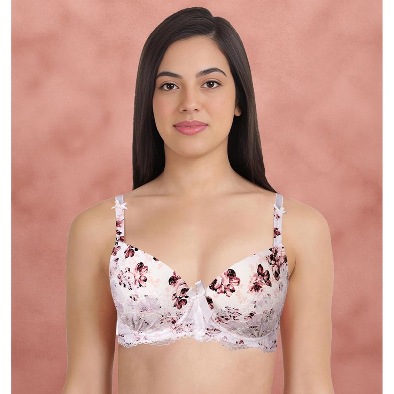 Shyaway White Brown Printed Lace Cup Padded Wired Bra (32D)