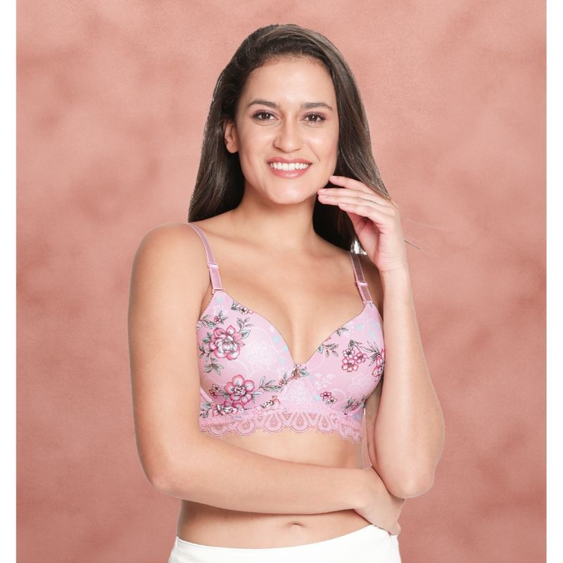 Shyaway Ballet Pink Floral Printed Padded Wired Bottom Lace Bra (32D)