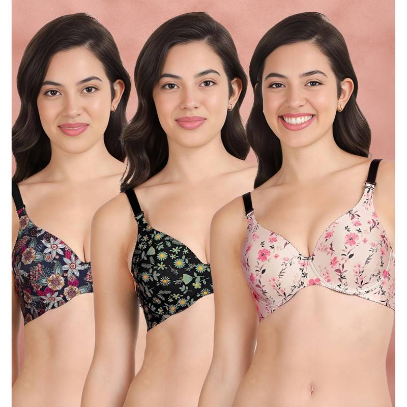 Shyaway Broad Winged T-Shirt Bra Multiway Seamless Wired 3/4Th Coverage Bra (Pack of 3) (32B)