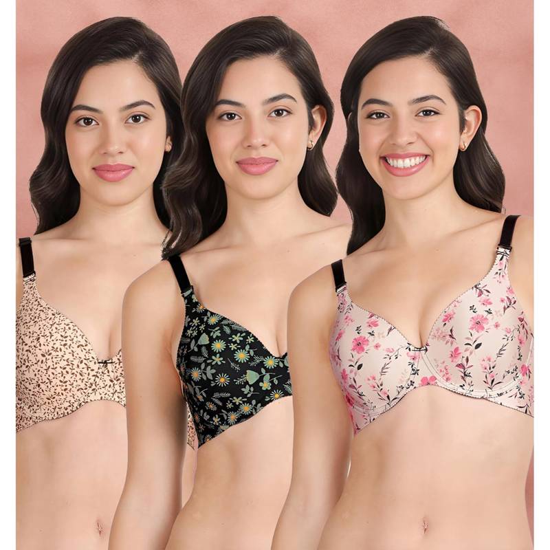 Shyaway Broad Winged T-Shirt Bra Multiway Seamless Wired 3/4Th Coverage Bra (Pack of 3) (32B)
