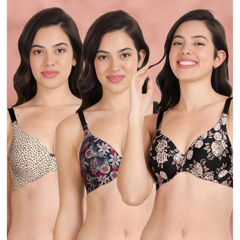 Shyaway Broad Winged T-Shirt Bra Multiway Seamless Wired 3/4Th Coverage Bra (Pack of 3) (32B)