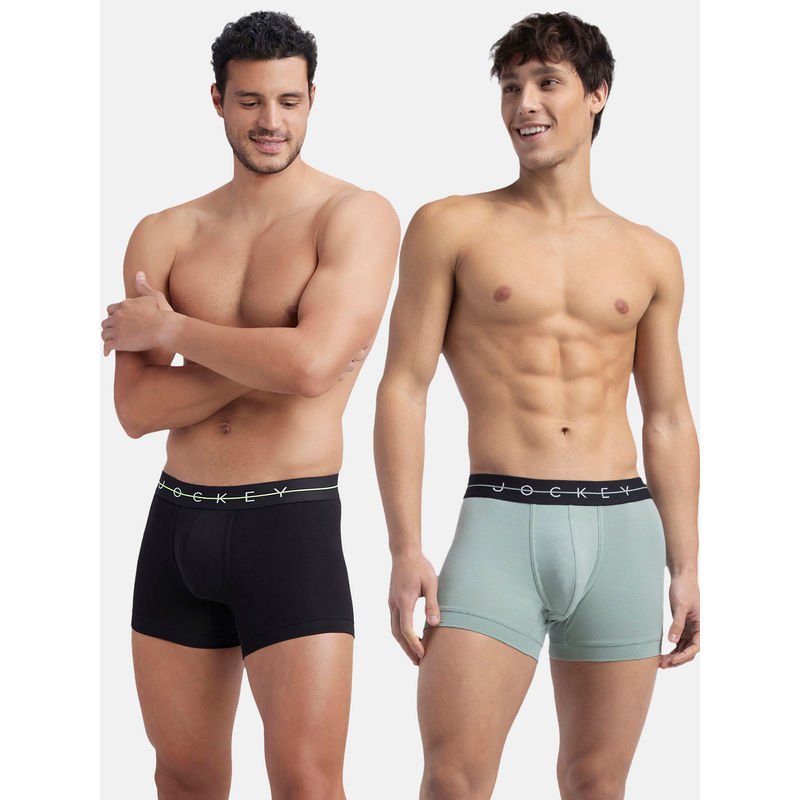 Jockey NY16 Men Cotton Elastane Solid Trunk - Black and Iceberg Green (Pack of 2) (L)