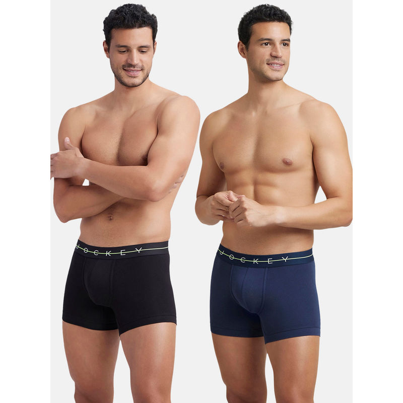 Jockey NY16 Men Cotton Elastane Solid Trunk - Navy and Black (Pack of 2) (L)