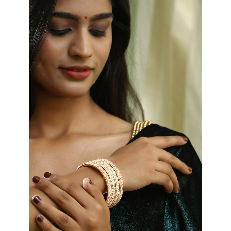 Adwitiya Women Gold Plated Cream Stone Studded Bangles (Set of 4) (2.6)