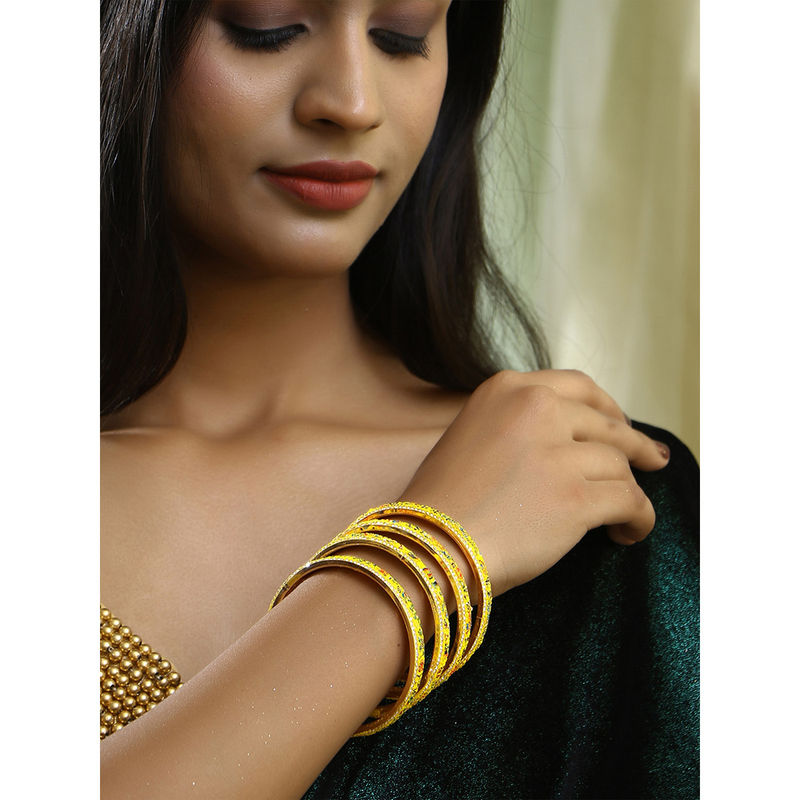 Adwitiya Women Gold Plated Stone Studded Printed Yellow Lac Bangles (Set of 4) (2.6)