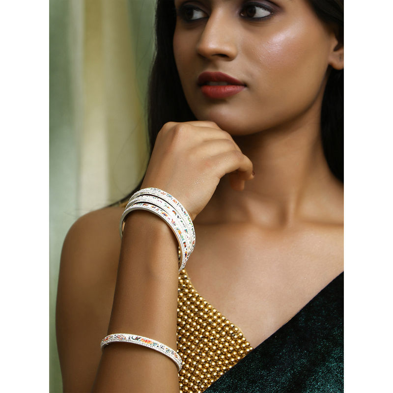 Adwitiya Women Silver Plated Stone Studded Printed White Lac Bangles (Set of 4) (2.6)