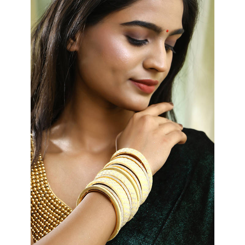 Adwitiya Women Gold Plated Cream Stone and Kundan Studded Designer Bangles (Set of 10) (2.6)