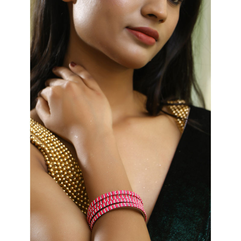Adwitiya Women Rhodium Plated Pink Stone and Tiny Diamond Studded Bangles (Set of 4) (2.6)