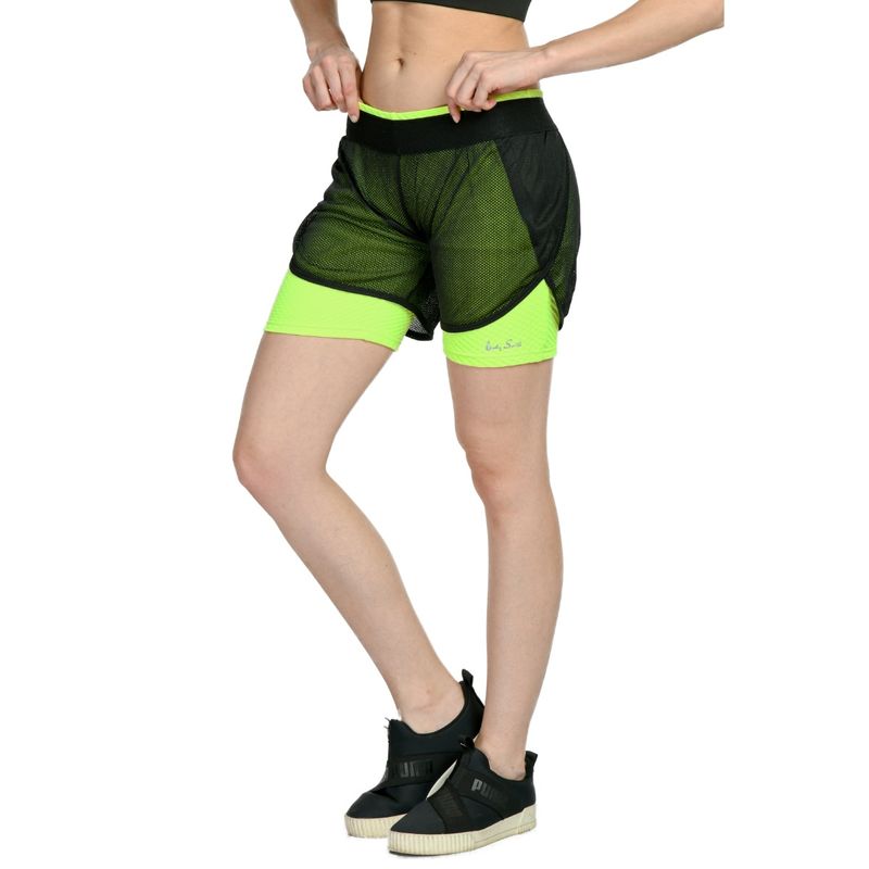Body Smith Solid Mesh Black Neon Green Sports Shorts (M)