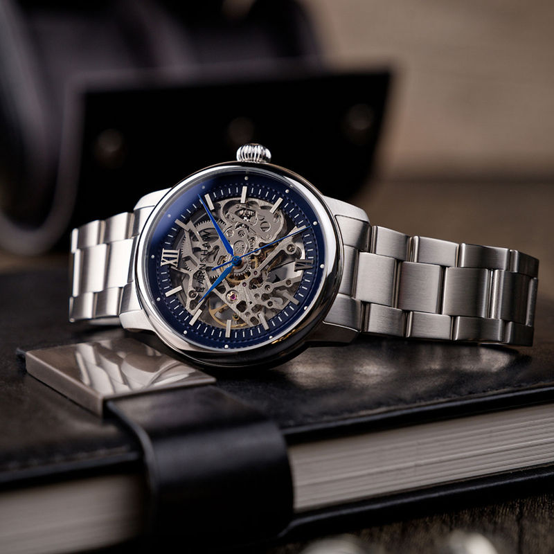 Buy Earnshaw Cornwall Skeleton Automatic Blue Round Dial Men's Watch ...