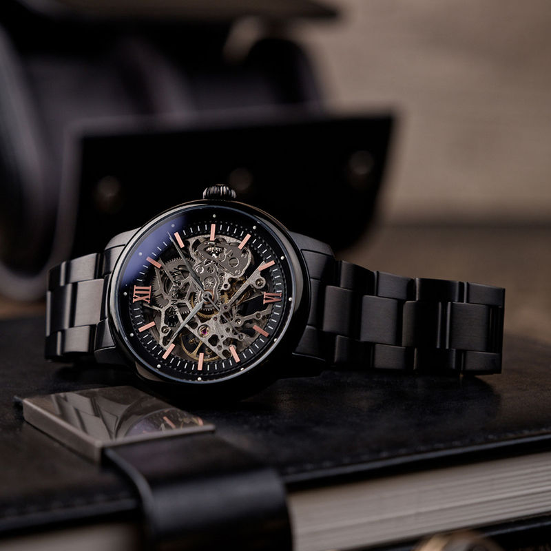 Buy Earnshaw Cornwall Skeleton Automatic Black Round Dial Men's Watch ...