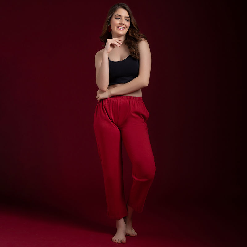 Clovia Cotton Rich Solid Pyjama - Maroon (M)