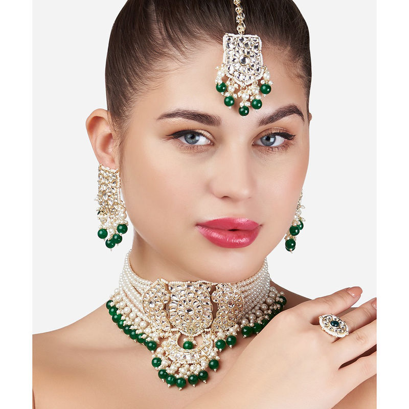 Zaveri Pearls Green Beads Bridal Multistrand Pearls Kundan Choker