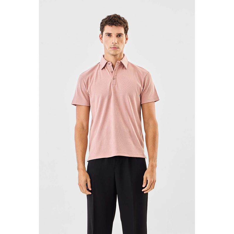 Snitch Light Pink Ribbed Half Sleeves Regular Casual Polo T-Shirt (L)