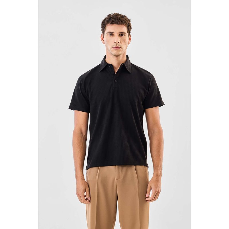 Snitch Black Ribbed Half Sleeves Regular Casual Polo T-Shirt (S)