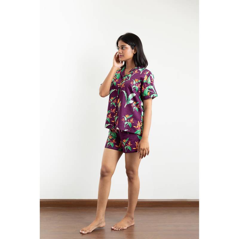 Forty Winks Whimsical Rumi Wine Cotton Shorts & Shirt (XS)