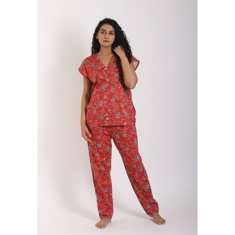 Forty Winks Voguish sakura Red Cotton Pyjama & Top (XS)
