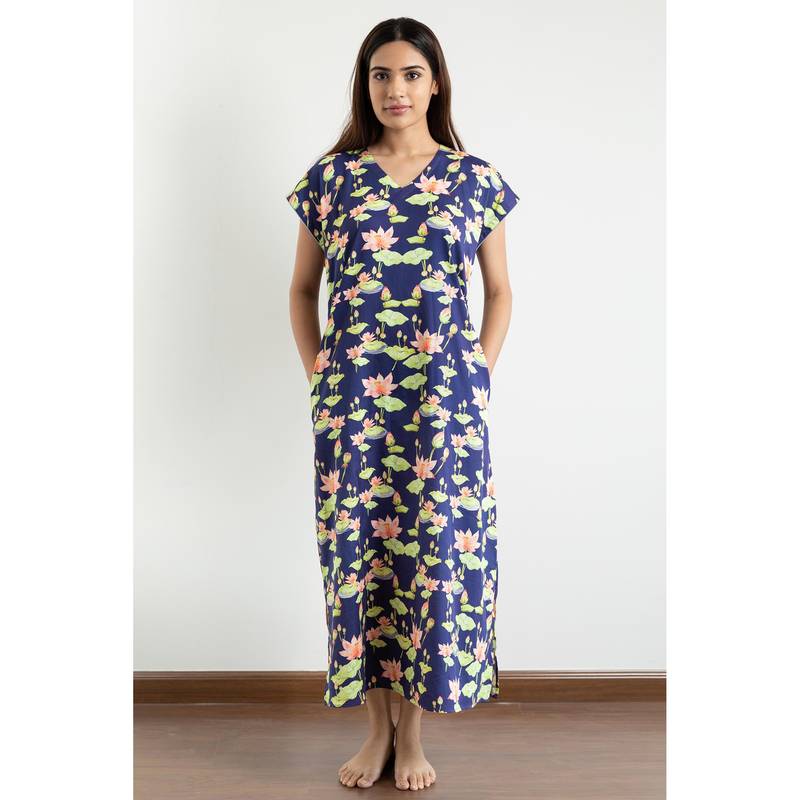 Forty Winks Poise Kumud Navy Blue Cotton Nightdress (XS)