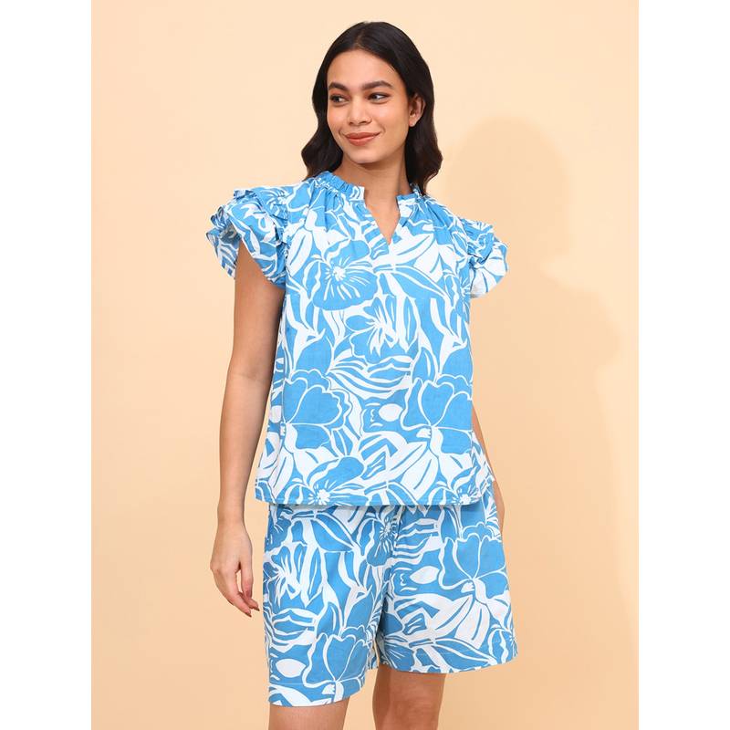 YELLOW BLOOM AZURE WHISPER Top & Shorts (S)