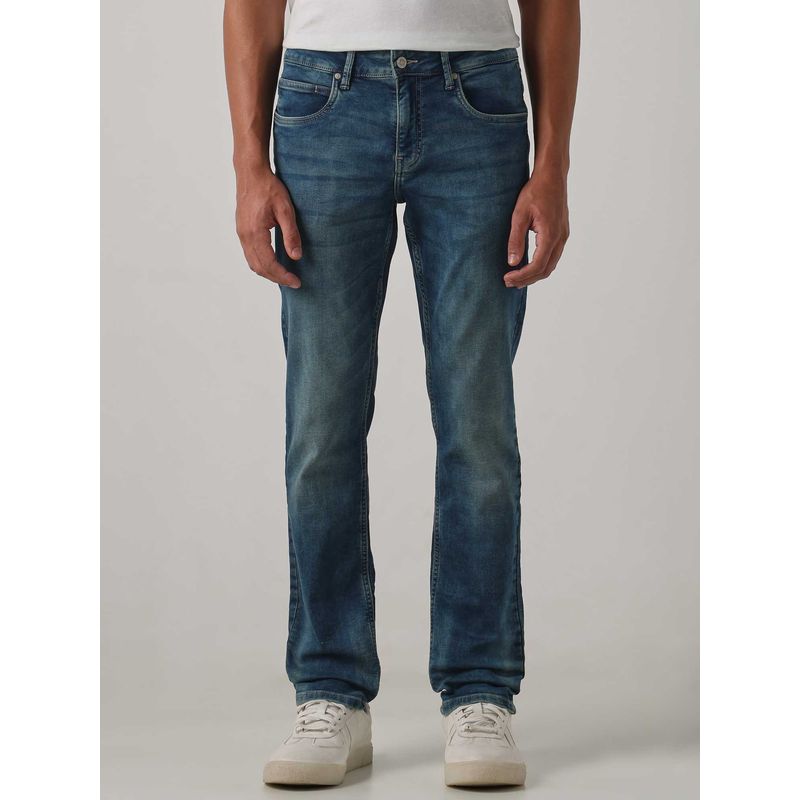 Mufti Blue Cotton/Elastane Mid Waist Slim Leg Solid Jeans (34)