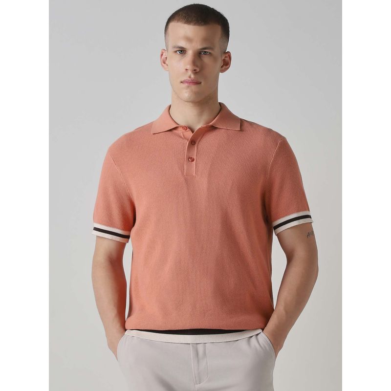 Mufti Cotton Half Sleeves Collar Neck Textured Polo T-Shirt (L)