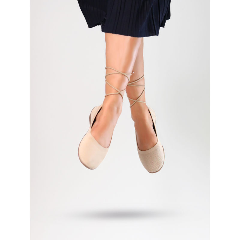 Monrow Women Eliza Beige Flat Ballerinas with Laces (EURO 37)
