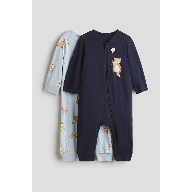 H&M Boys Blue 2-Pack Printed Sleepsuits (9-12 Months)