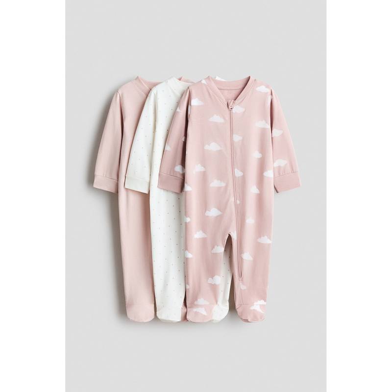 H&M Girls Multi-Color 3-Pack Cotton Sleepsuits (2-4 Months)
