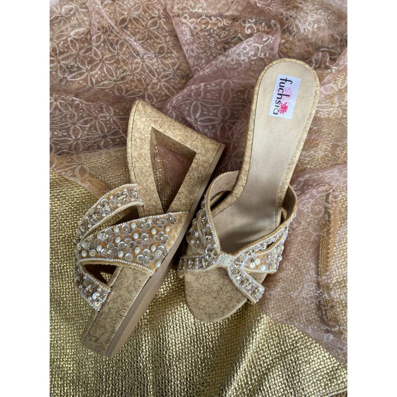 Fuchsia by Aashka Mehta Gold Embroidered Velvet Cut-out Heel Sliders (EURO 38)