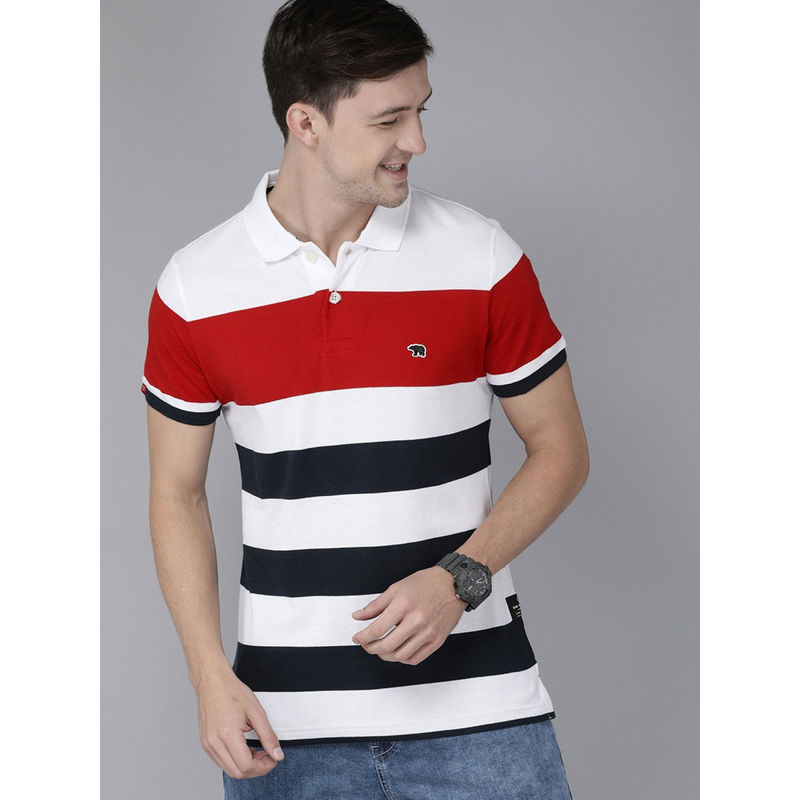 THE BEAR HOUSE Men White Red Striped Polo Collar Slim Fit T-shirt (3XL)