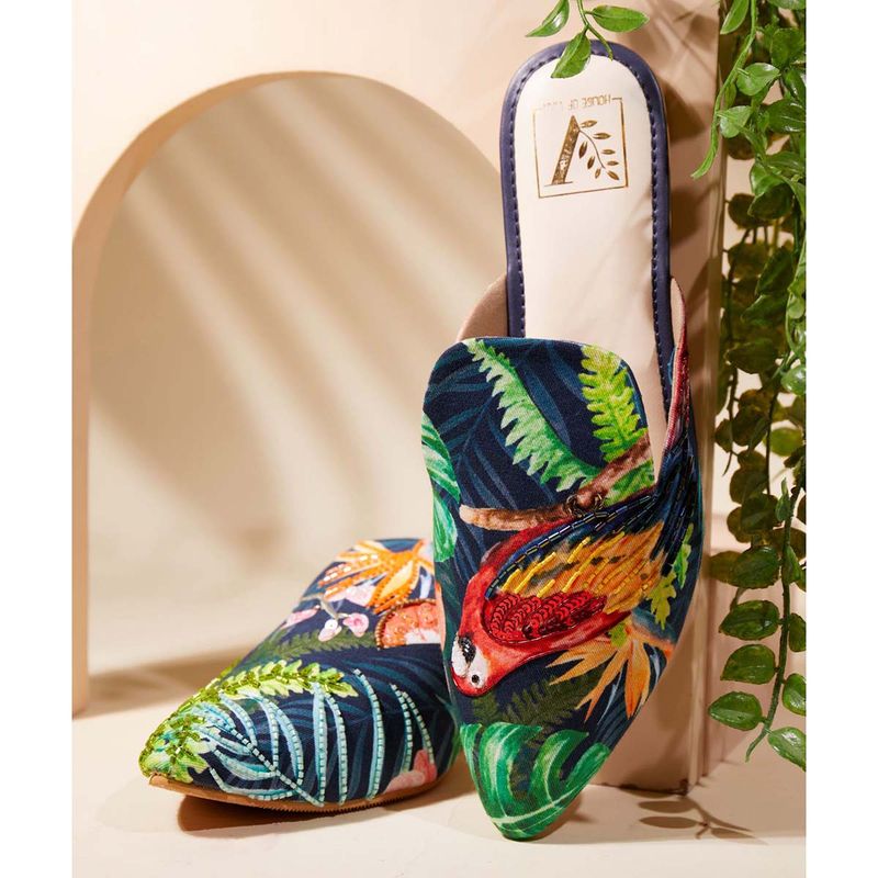 House of Vian Navy Blue Parrot Paradise Mules (EURO 36)