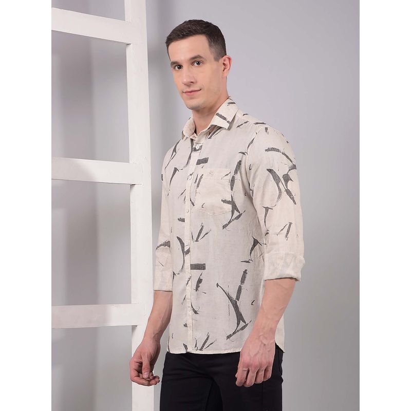 CRIMSOUNE CLUB Men Cream Printed Linen Shirt (S)