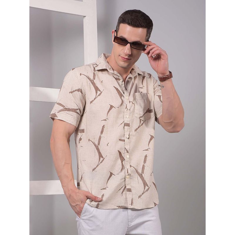 CRIMSOUNE CLUB Men Beige Printed Linen Shirt (S)