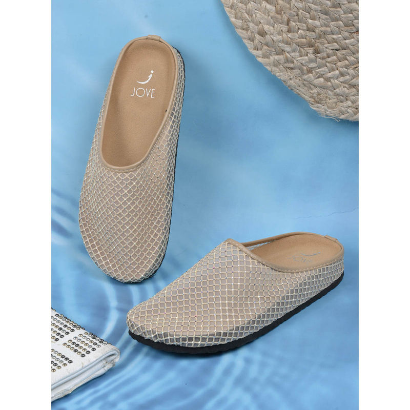 Jove Women Beige Checked Mules (EURO 38)