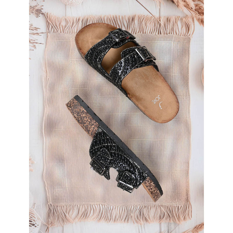 Jove Women Black Embellished Open Toe Flats (EURO 36)